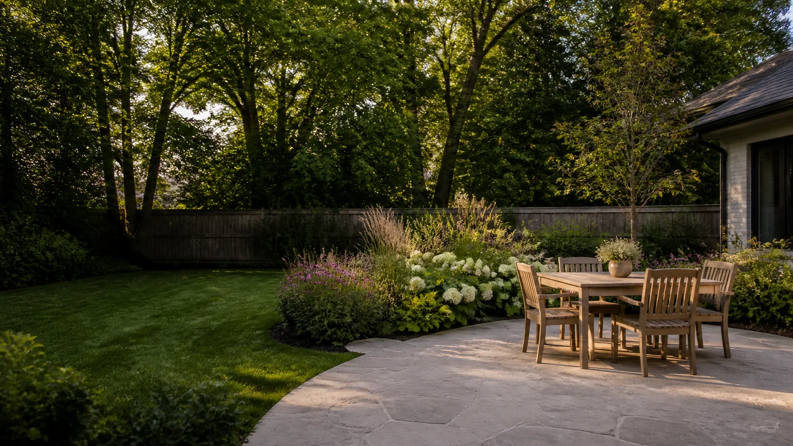 Landscape concept showing a limestone patio, teak dining table, and layered planting around a green backyard