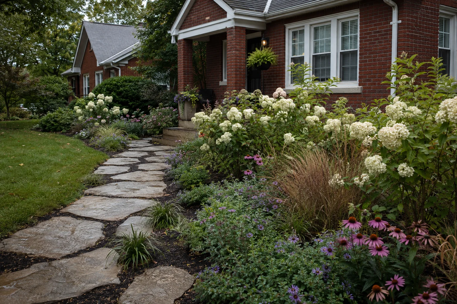 Front-entry landscape concept with a limestone path and layered planting beside a brick bungalow