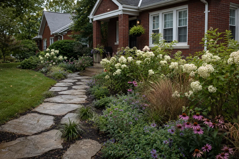 A front-garden concept with defined beds and a stone walkway