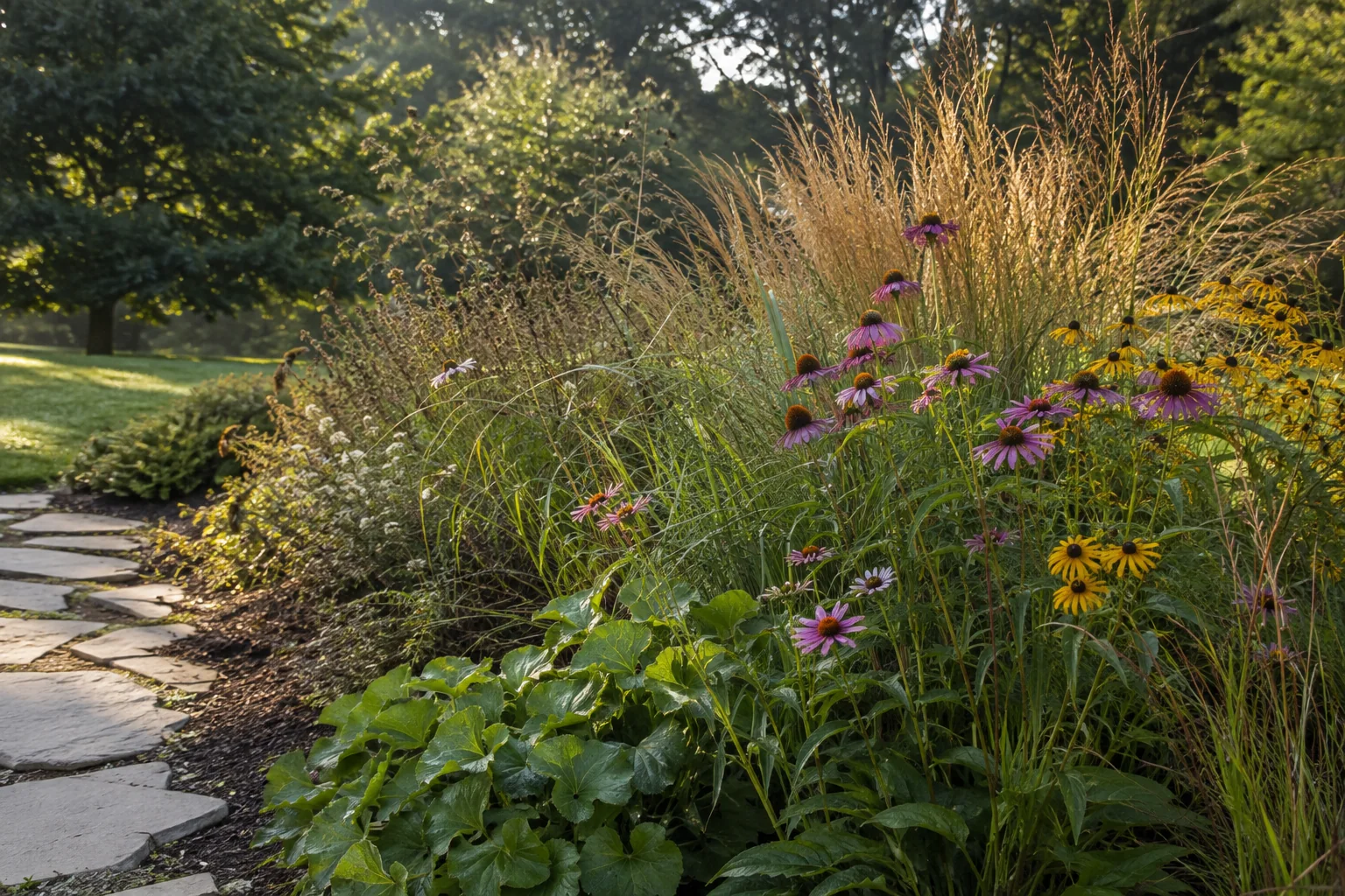 Soft light through a naturalistic garden-border concept